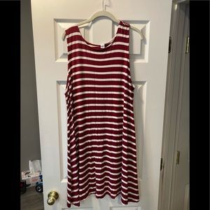 Striped Sleeveless Swing Dress - Burgundy & White